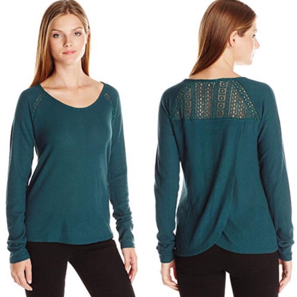 LUCKY BRAND Sea Moss Lace Mixed Thermal Top $68 EUC M